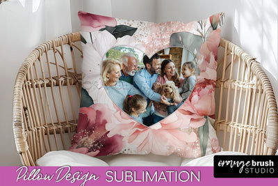 Family Photo Frame Pillow Sublimation - Floral Pillow Cover Sublimation OrangeBrushStudio 