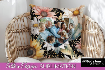 Family Photo Frame Pillow Sublimation - Floral Pillow Cover Sublimation OrangeBrushStudio 