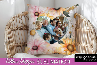 Family Photo Frame Pillow Sublimation - Floral Pillow Cover Sublimation OrangeBrushStudio 