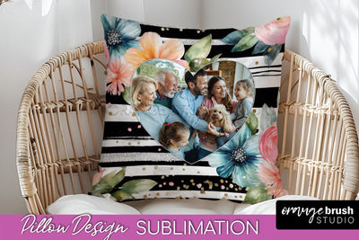 Family Photo Frame Pillow Sublimation - Floral Pillow Cover Sublimation OrangeBrushStudio 