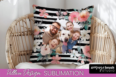 Family Photo Frame Pillow Sublimation - Floral Pillow Cover Sublimation OrangeBrushStudio 