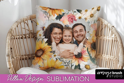 Family Photo Frame Pillow Sublimation - Floral Pillow Cover Sublimation OrangeBrushStudio 