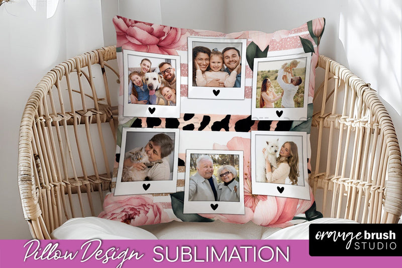 Family Photo Frame Pillow Sublimation - Floral Pillow Cover Sublimation OrangeBrushStudio 