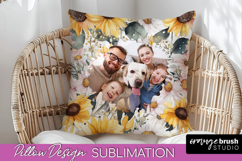 Family Photo Frame Pillow Sublimation - Floral Pillow Cover Sublimation OrangeBrushStudio 