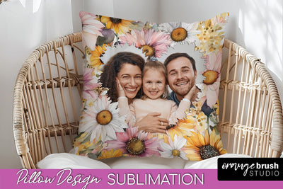 Family Photo Frame Pillow Sublimation - Floral Pillow Cover Sublimation OrangeBrushStudio 