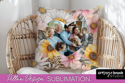 Family Photo Frame Pillow Sublimation - Floral Pillow Cover Sublimation OrangeBrushStudio 