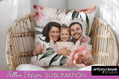 Family Photo Frame Pillow Sublimation - Floral Pillow Cover Sublimation OrangeBrushStudio 