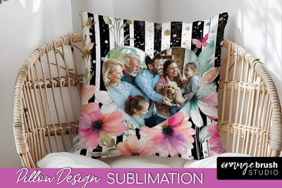 Family Photo Frame Pillow Sublimation - Floral Pillow Cover Sublimation OrangeBrushStudio 