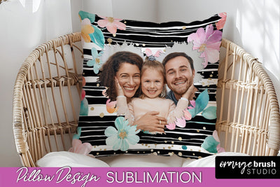 Family Photo Frame Pillow Sublimation - Floral Pillow Cover Sublimation OrangeBrushStudio 