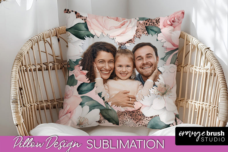 Family Photo Frame Pillow Sublimation - Floral Pillow Cover Sublimation OrangeBrushStudio 