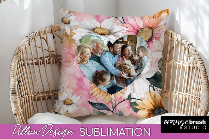 Family Photo Frame Pillow Sublimation - Floral Pillow Cover Sublimation OrangeBrushStudio 
