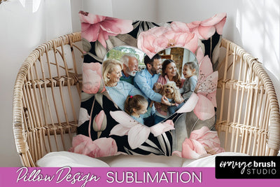 Family Photo Frame Pillow Sublimation - Floral Pillow Cover Sublimation OrangeBrushStudio 