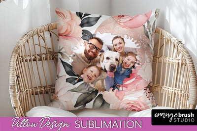 Family Photo Frame Pillow Sublimation - Floral Pillow Cover Sublimation OrangeBrushStudio 