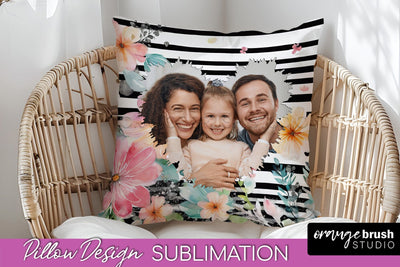 Family Photo Frame Pillow Sublimation - Floral Pillow Cover Sublimation OrangeBrushStudio 