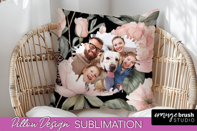Family Photo Frame Pillow Sublimation - Floral Pillow Cover Sublimation OrangeBrushStudio 