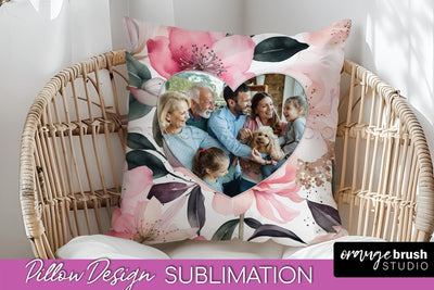 Family Photo Frame Pillow Sublimation - Floral Pillow Cover Sublimation OrangeBrushStudio 