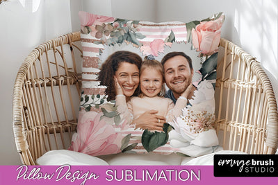 Family Photo Frame Pillow Sublimation - Floral Pillow Cover Sublimation OrangeBrushStudio 