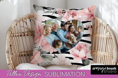 Family Photo Frame Pillow Sublimation - Floral Pillow Cover Sublimation OrangeBrushStudio 