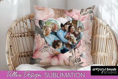 Family Photo Frame Pillow Sublimation - Floral Pillow Cover Sublimation OrangeBrushStudio 
