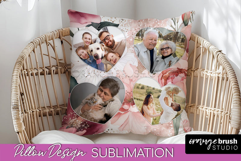 Family Photo Frame Pillow Sublimation - Floral Pillow Cover Sublimation OrangeBrushStudio 