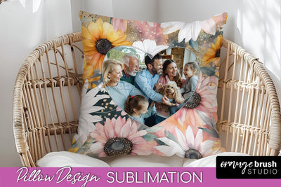 Family Photo Frame Pillow Sublimation - Floral Pillow Cover Sublimation OrangeBrushStudio 