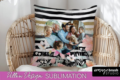 Family Photo Frame Pillow Sublimation - Floral Pillow Cover Sublimation OrangeBrushStudio 