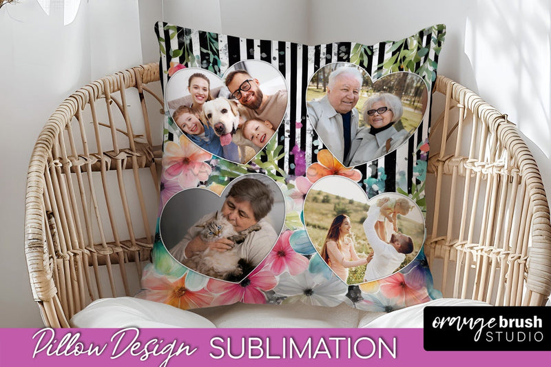 Family Photo Frame Pillow Sublimation - Floral Pillow Cover Sublimation OrangeBrushStudio 