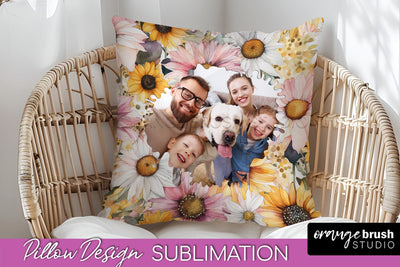 Family Photo Frame Pillow Sublimation - Floral Pillow Cover Sublimation OrangeBrushStudio 