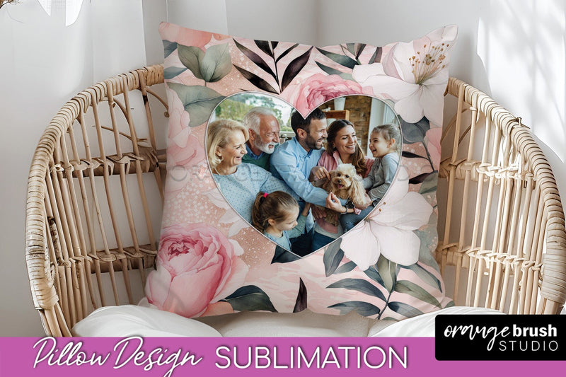Family Photo Frame Pillow Sublimation - Floral Pillow Cover Sublimation OrangeBrushStudio 