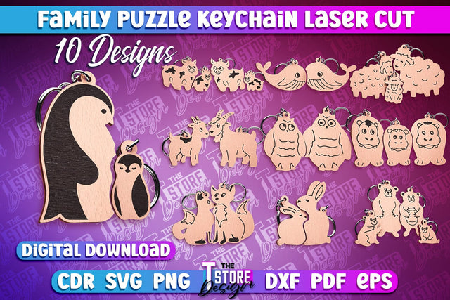 Family Puzzle Keychain | Animals Laser Cut Design | CNC Files SVG The T Store Design 
