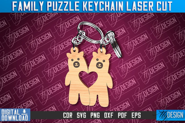 Family Puzzle Keychain | Bear Laser Cut Design | CNC Files SVG Fly Design 