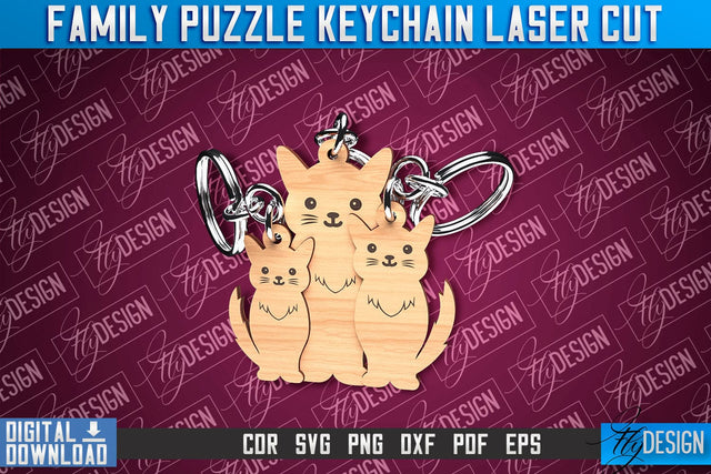 Family Puzzle Keychain | Cats Laser Cut Design | CNC Files SVG Fly Design 