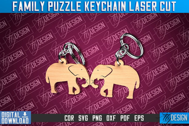 Family Puzzle Keychain | Elephants Laser Cut Design | CNC Files SVG Fly Design 