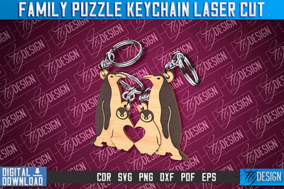 Family Puzzle Keychain | Penguins Laser Cut Design | CNC Files SVG Fly Design 