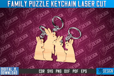 Family Puzzle Keychain | Rabbit Laser Cut Design | CNC Files SVG Fly Design 
