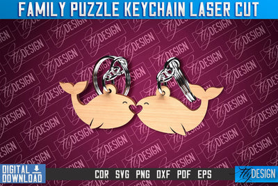 Family Puzzle Keychain | Whale Laser Cut Design | CNC Files SVG Fly Design 
