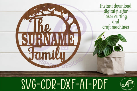 Family suname sign with tree svg laser cut template SVG APInspireddesigns 