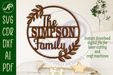 Family suname wreath sign svg laser cut template SVG APInspireddesigns 