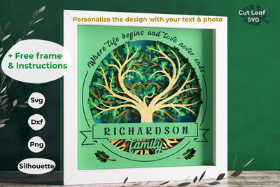Family Tree SVG 3d Shadow Box - Tree of life svg, Family monogram svg, Customizable Shadow Box, Cricut projects, Silhouette files 3D Paper CutLeafSvg 