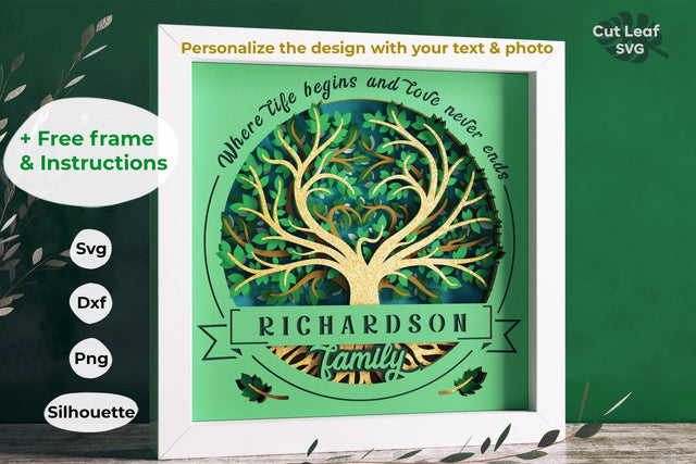 Family Tree SVG 3d Shadow Box - Tree of life svg, Family monogram svg, Customizable Shadow Box, Cricut projects, Silhouette files 3D Paper CutLeafSvg 