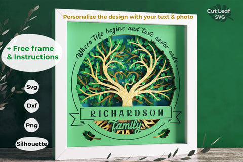Family Tree SVG 3d Shadow Box - Tree of life svg, Family monogram svg, Customizable Shadow Box, Cricut projects, Silhouette files 3D Paper CutLeafSvg 