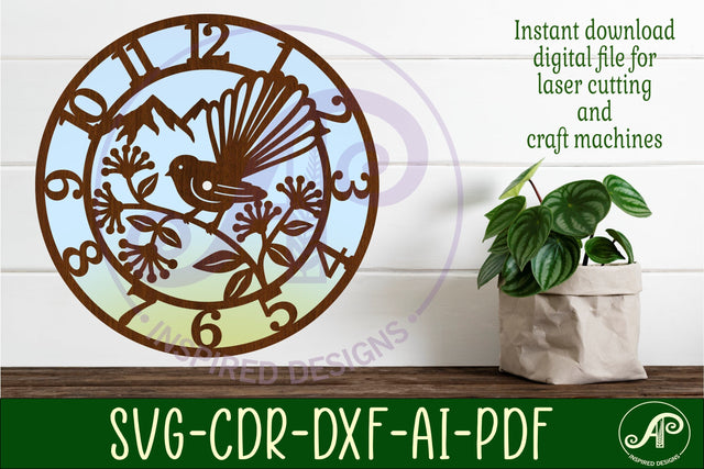 Fantail New Zealand themed clock wall clock laser cut files SVG APInspireddesigns 
