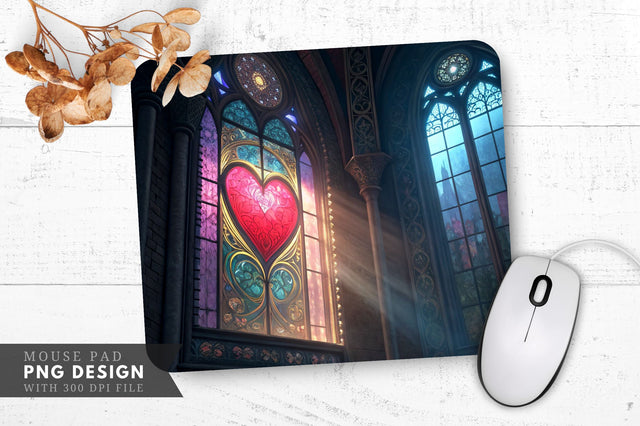 Fantasy Cathedral Heart Stained Glass Mouse Pad PNG Design Sublimation Regulrcrative 