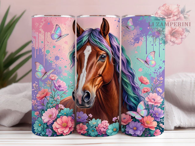 Fantasy Floral Horse Glow 20oz Tumbler, Fantasy Theme, Floral Motif, Horse Design, Glow Effect, Mystical Charm, Skinny Tumbler, Sublimation PNG Sublimation Li Zamperini 
