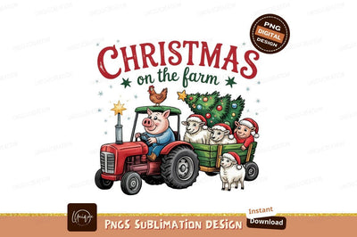 Farm Animals Christmas Festive Tractor Illustration Sublimation Designangry 
