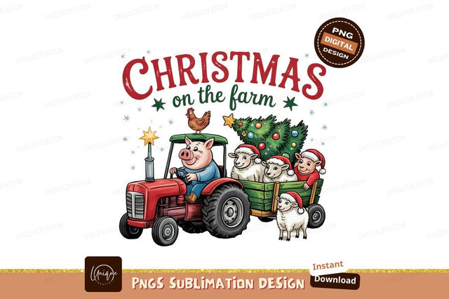 Farm Animals Christmas Festive Tractor Illustration Sublimation Designangry 