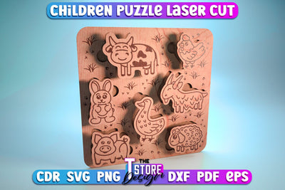 Farm Animals Puzzle Laser Cut | Baby Game Design | Wooden Design | CNC File SVG The T Store Design 