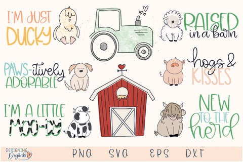 Farm Animals SVG Bundle, Tractor SVG File for Cricut, Watercolor Barn PNG For Sublimation, Tshirts, Tote Bags, Funny Animal Phrases SVG Designing Digitals 