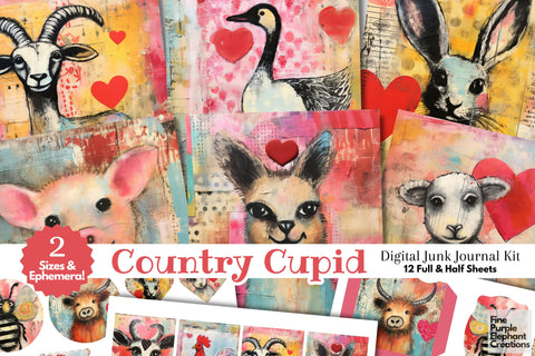Farm Animals Valentine Digital Junk Journal Kit Half Pages Digital Pattern Fine Purple Elephant Creations 