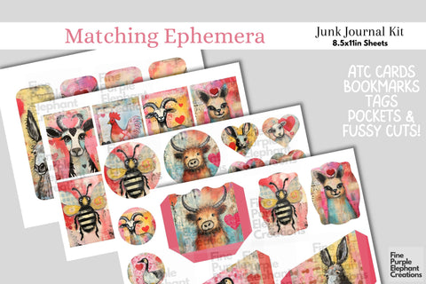 Farm Animals Valentine Digital Junk Journal Kit Half Pages Digital Pattern Fine Purple Elephant Creations 